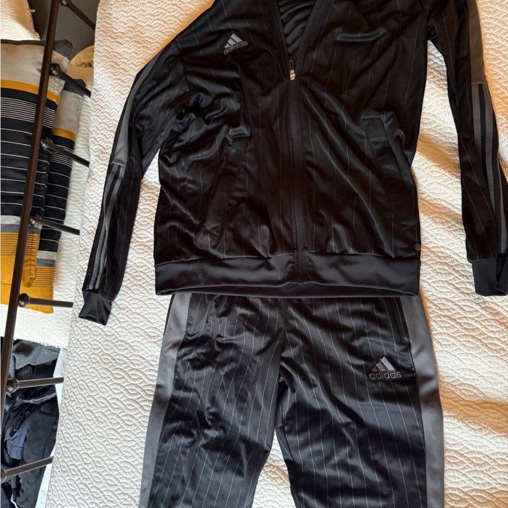 Adidas Men’s Pinstriped Jogging Suit Black with Grey Pinstripes